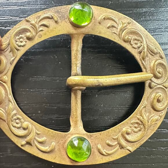 Antique Art Nouveau embossed gold tone brass green rose cut glass belt buckle main image 8